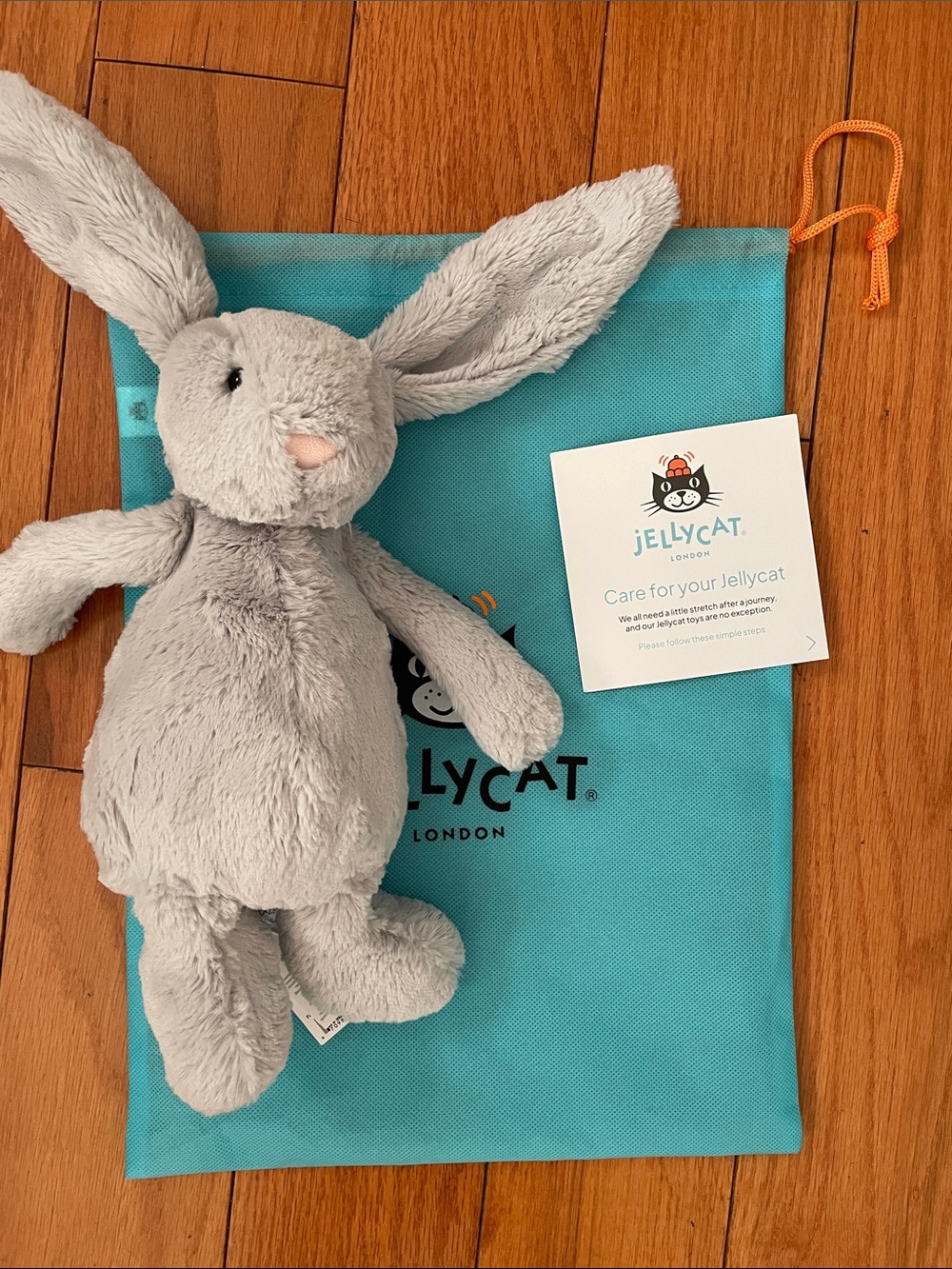 Jellycat Light Gray Bunny with Teal Drawstring Bag